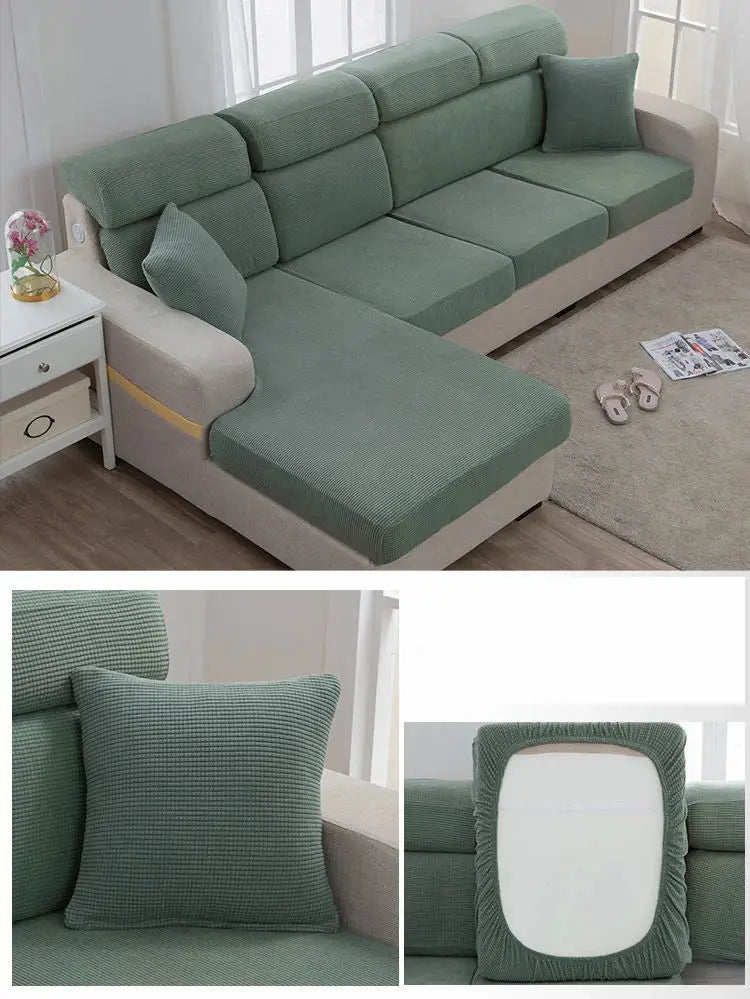 Sofa seat cover green, thickened elastic dustproof protective cushion for sectional sofa with chaise