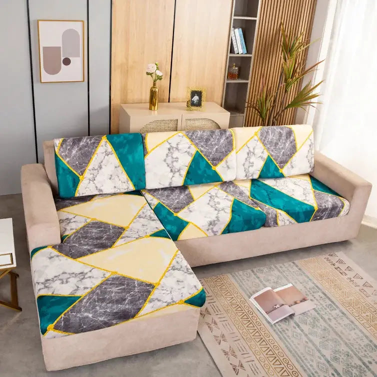 Simples Market geometric print sofa cover for corner couch; teal, yellow, gray marble-pattern panels, elastic stretch.
