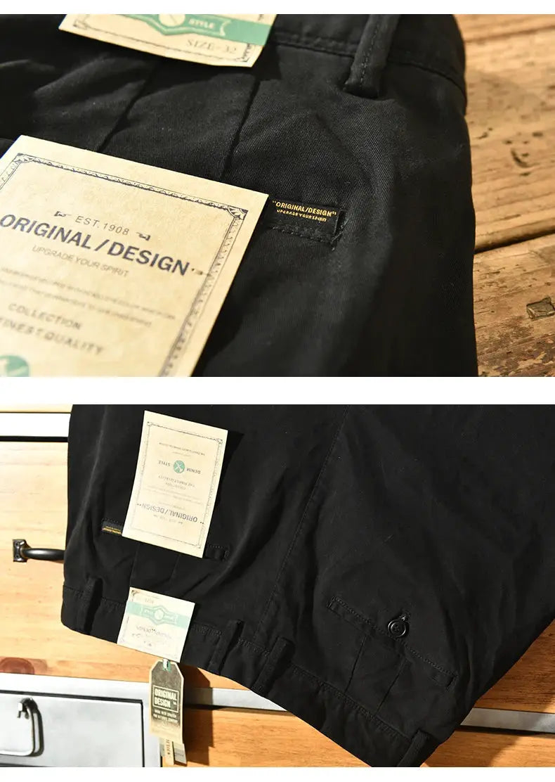 HIQOR men's black pure cotton cargo pants with belt, Korean style, size 38