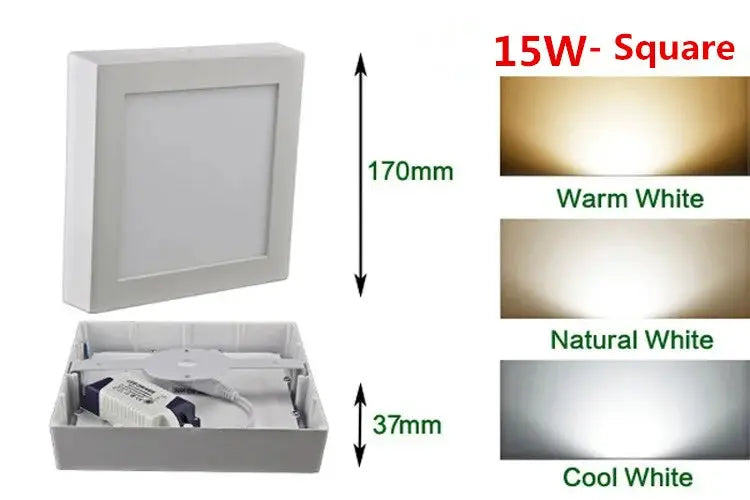 Simples Market 15W square LED panel light, white frame, 170mm size, 37mm deep; warm, natural and cool white options