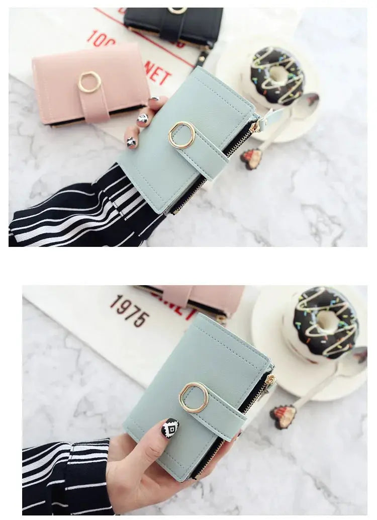 Simples Market PU zip wallets; set of 3 pastel short coin purses with ring strap in blue, pink and black