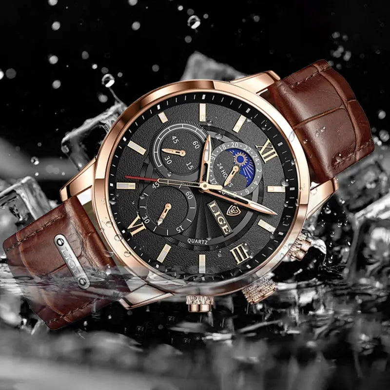LIGE men's luxury quartz chronograph wristwatch with brown leather strap and rose-gold case