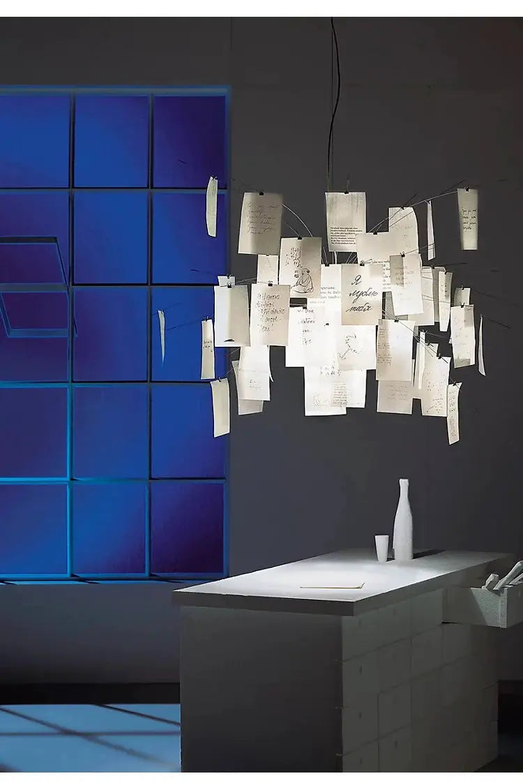 Ingo Maurer style colored paper chandelier with hanging note cards, LED E27 lamp, Simples Market replica