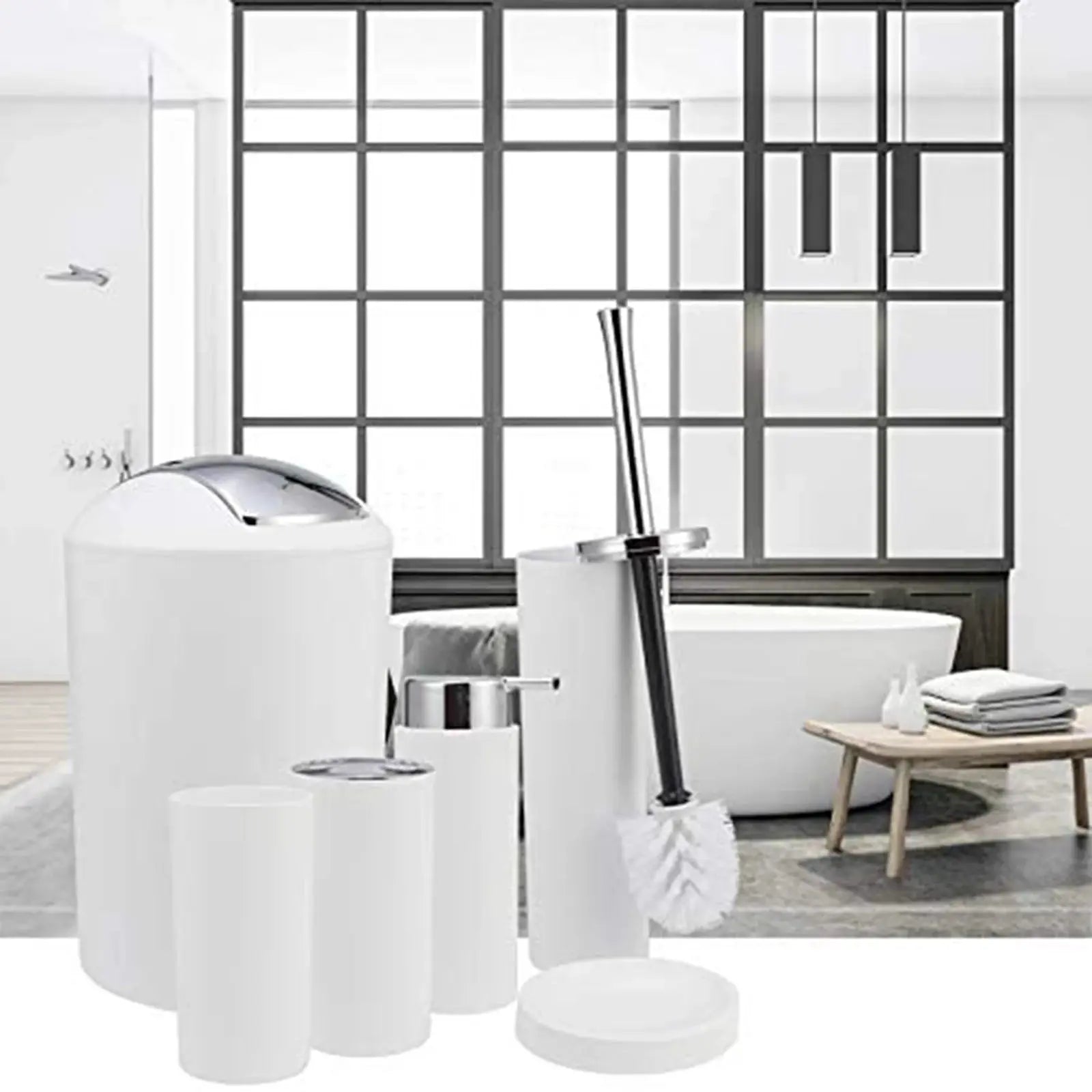 6-piece white plastic bathroom accessories set including toilet brush, brush holder, soap dish, and trash can