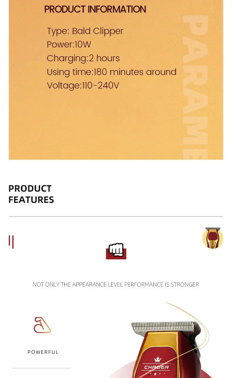 Powerful professional hair trimmer by Simples Market, cordless red and yellow T-blade clipper