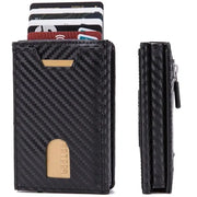 Zciti PU Leather Wallet card holder with carbon fiber texture, RFID blocking, black with gold metal accent