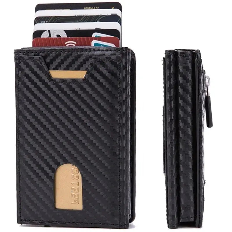 Zciti PU Leather Wallet card holder with carbon fiber texture, RFID blocking, black with gold metal accent