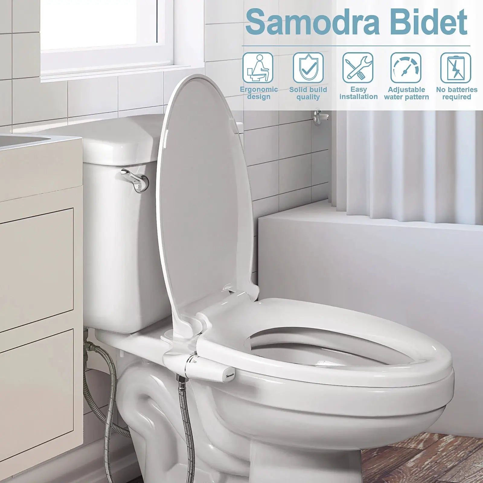 SAMODRA bidet attachment on a white toilet, ultra-slim with dual nozzles and adjustable water pressure, non-electric