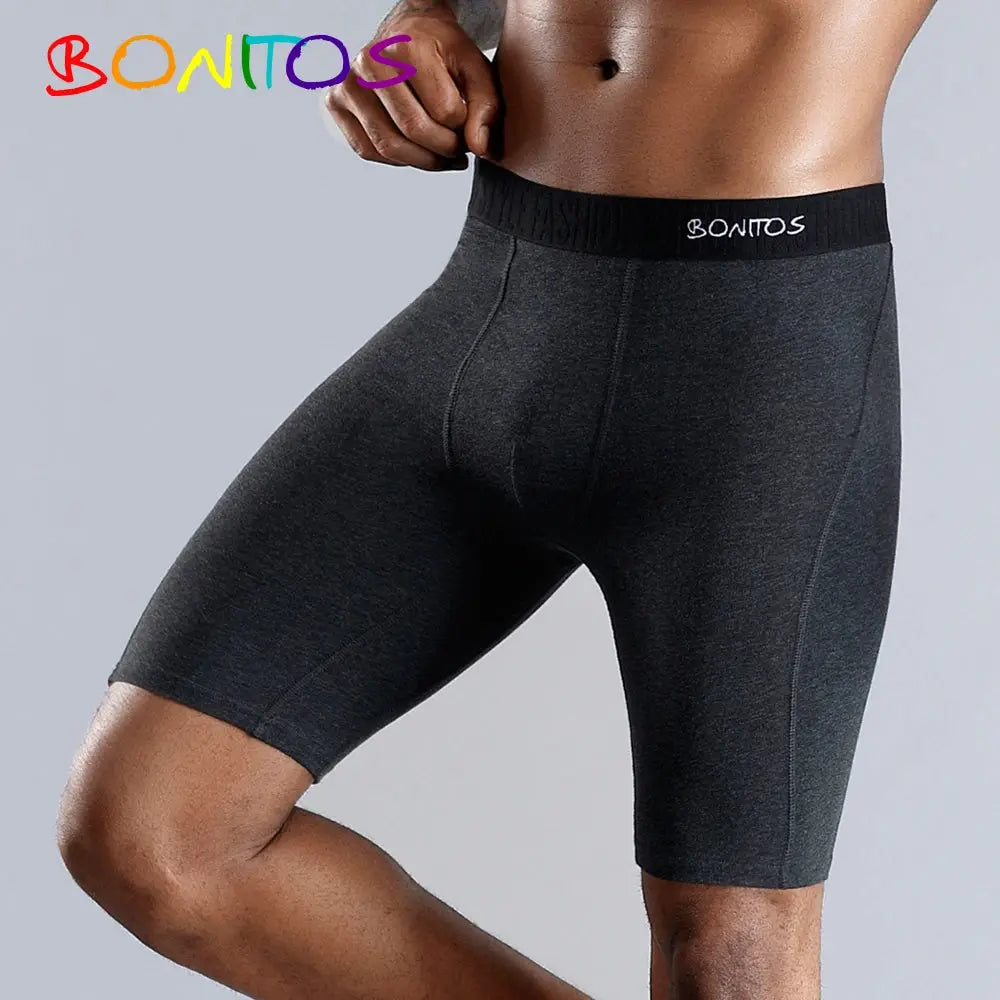 Bonitos men's long-leg boxer shorts in charcoal gray natural cotton with a black BONITOS waistband for a secure fit.