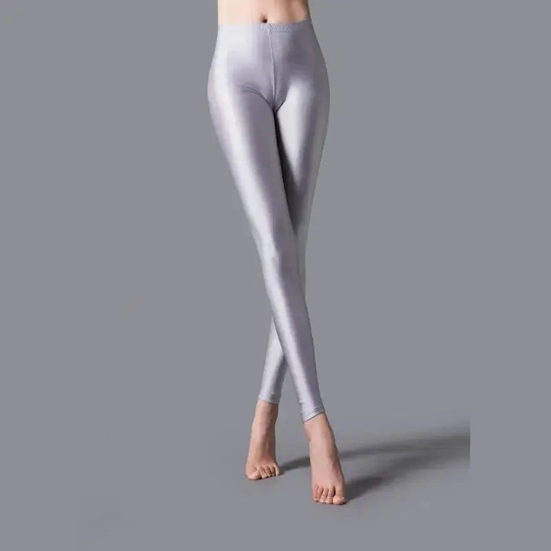 Women's shiny metallic silver leggings with high-stretch spandex, ankle-length