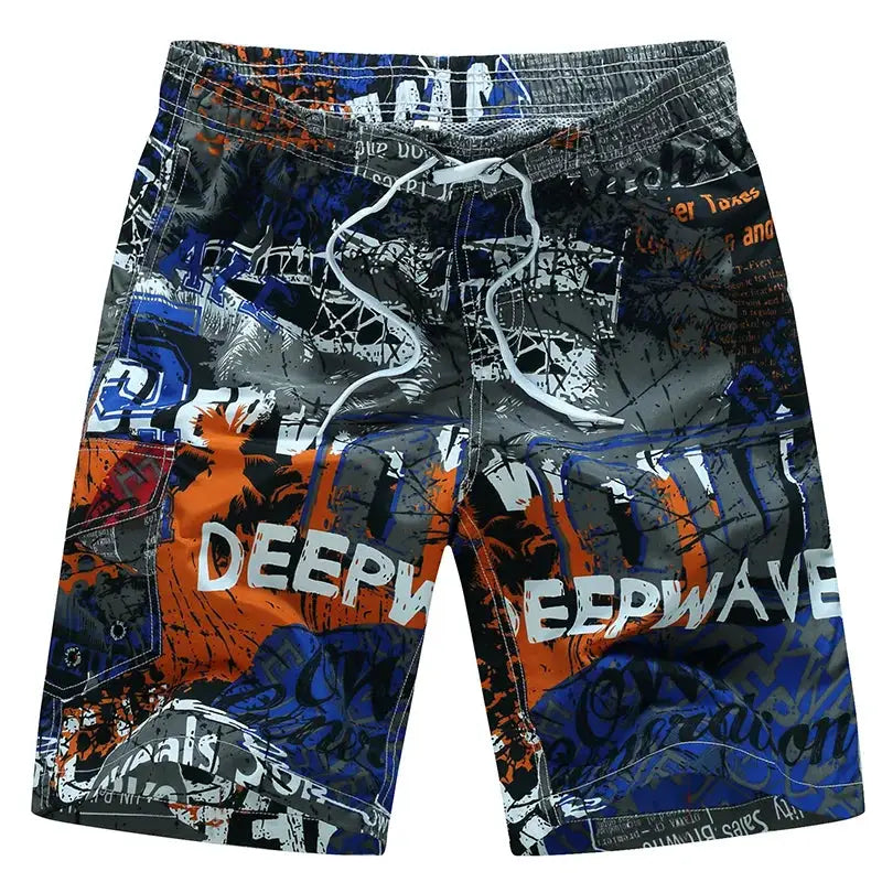 Men's surf board shorts by Simples Market; graffiti print in black/gray/blue/orange with drawstring waist, size 4XL-6XL