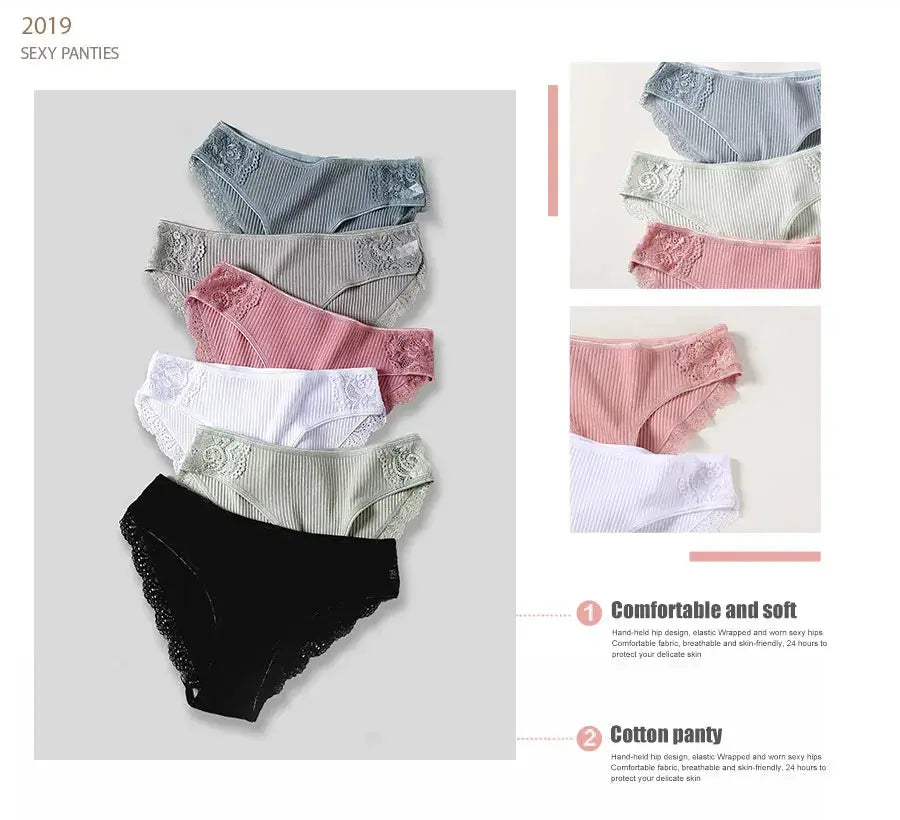 Women cotton low-rise panties 6-piece set with lace-trim edges in blue, gray, pink, lavender, sage green and black