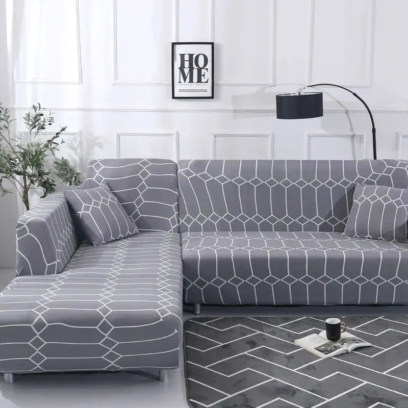 Sofa slipcover for L-shaped corner sofa; gray geometric print, elastic stretch fabric.