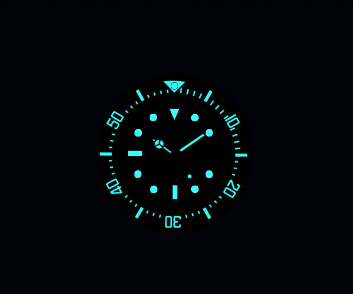 Cronos automatic diving watch with luminescent cyan markers and bezel on black dial