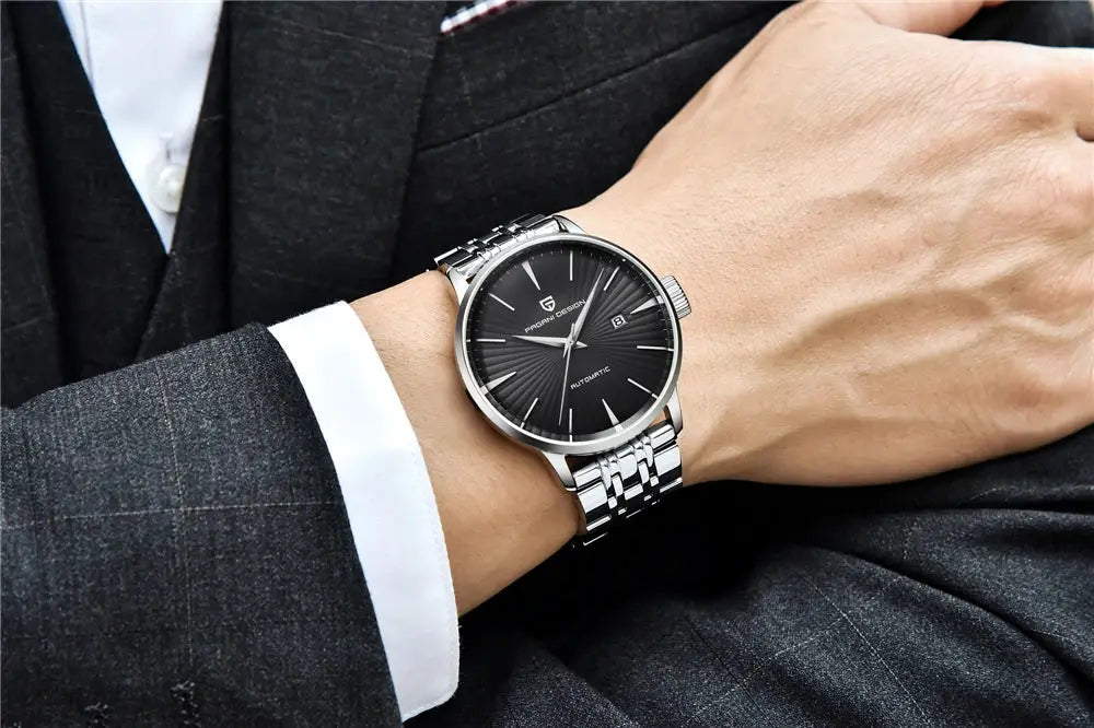 PAGANI DESIGN men's stainless steel automatic wristwatch with black dial and date window