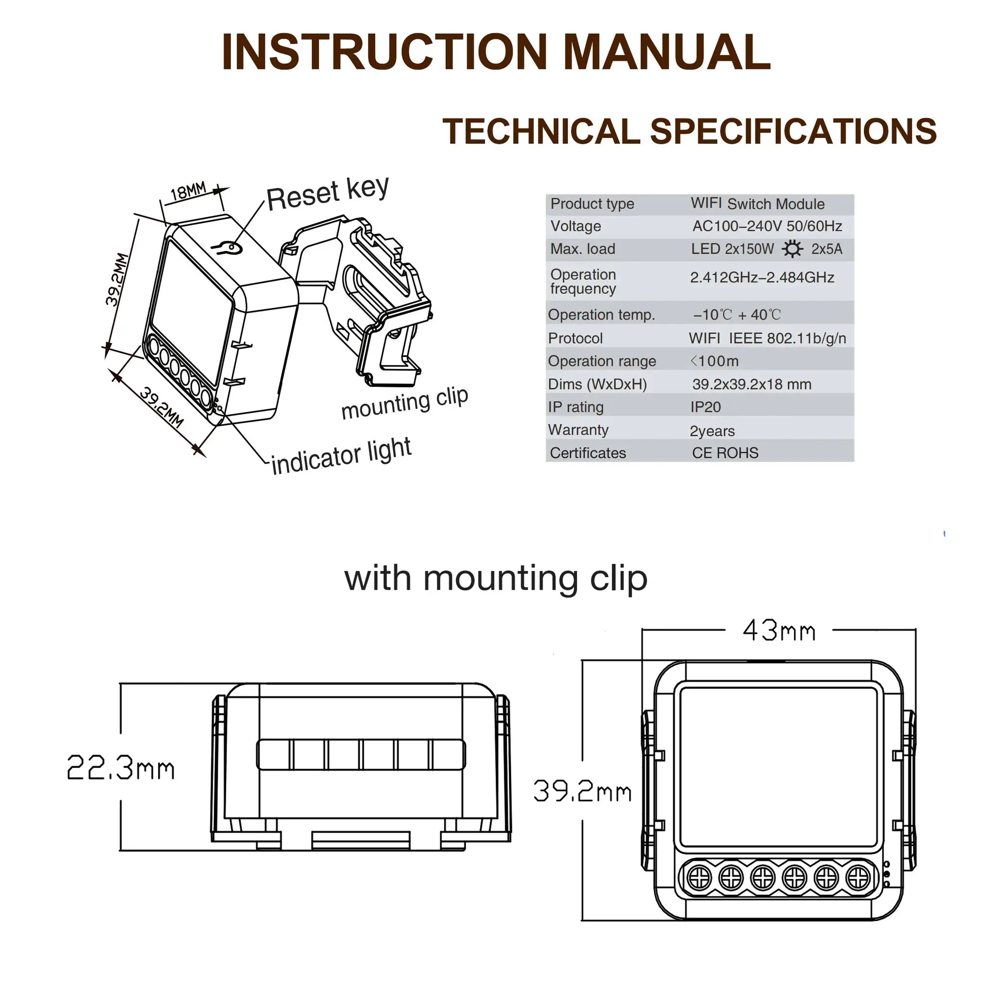 Simples Market Tuya WiFi Smart Switch Module 100-240V, 2-way control with mounting clip (technical drawing)