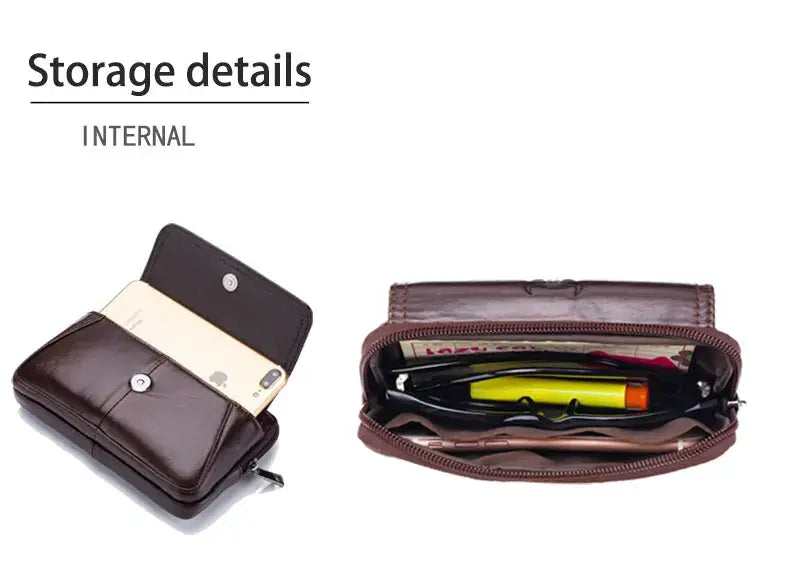Brown leather belt waist bag by Simples Market; compact money and phone pouch with multiple compartments (2 views)