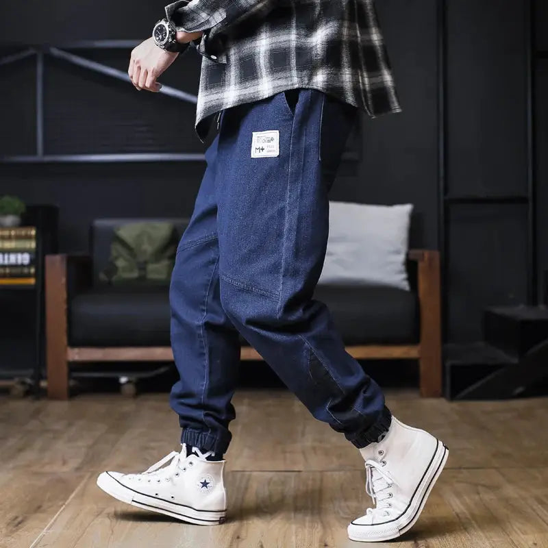 Plus Size Jeans Men Loose Joggers Cargo Pants by Simples Market in ankle-length blue denim with cargo pockets