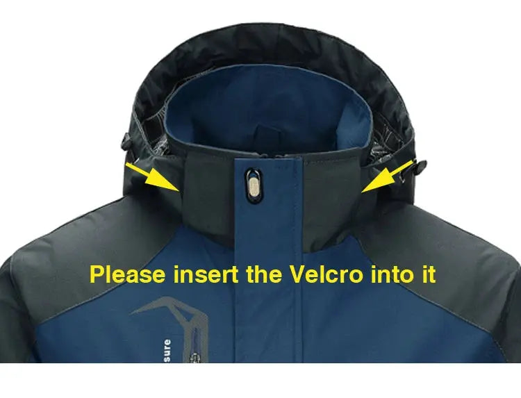 TRVLWEGO Camping Hiking Jacket for men, waterproof windbreaker in blue and black with high collar and Velcro closure