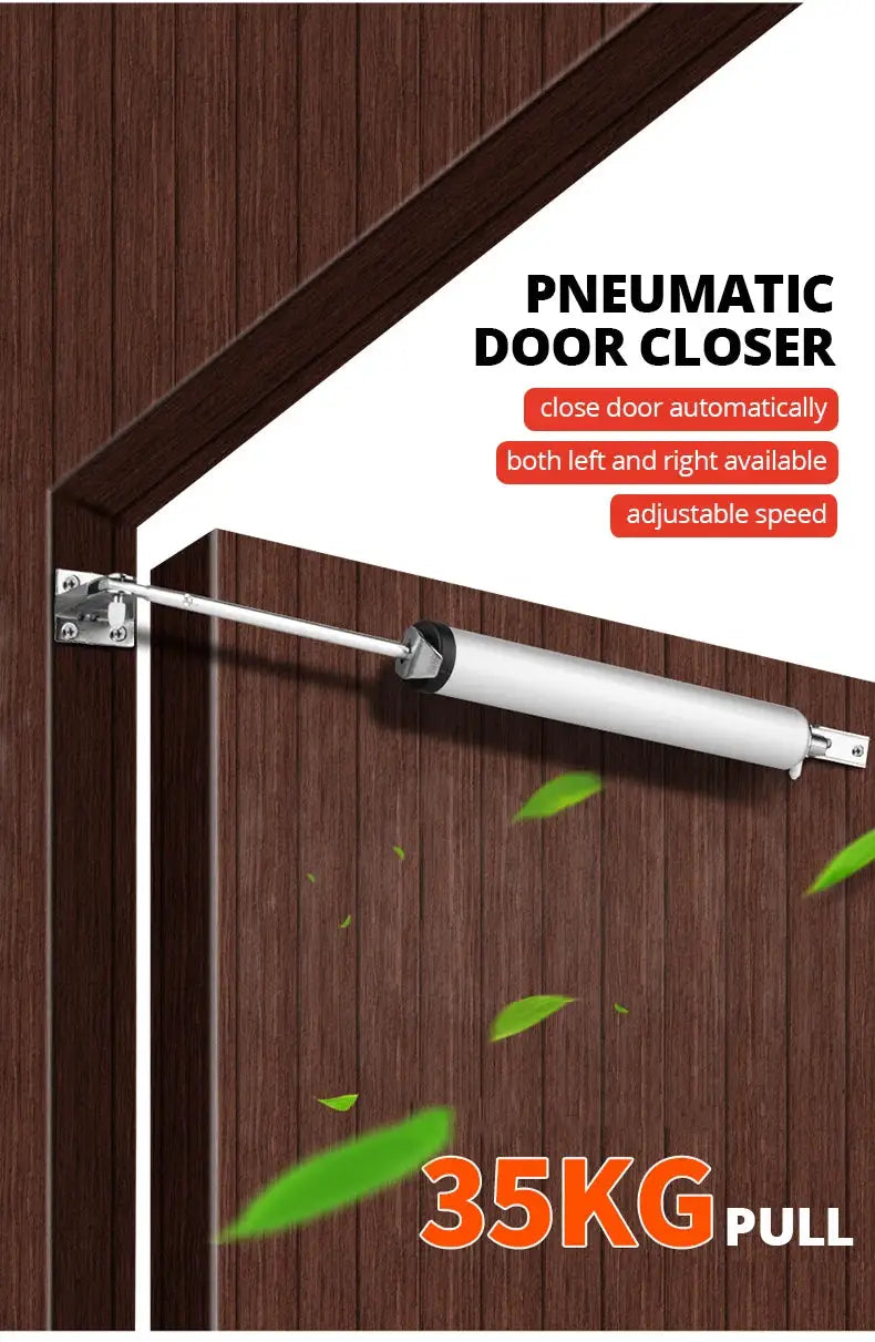 KAK pneumatic door closer with white cylindrical body, 35kg pull, adjustable speed, for left or right mounting