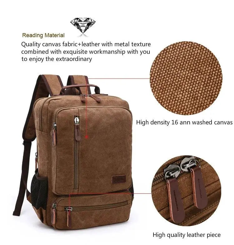 Vintage Canvas Backpack by Simples Market, brown canvas with leather accents, large capacity travel bag