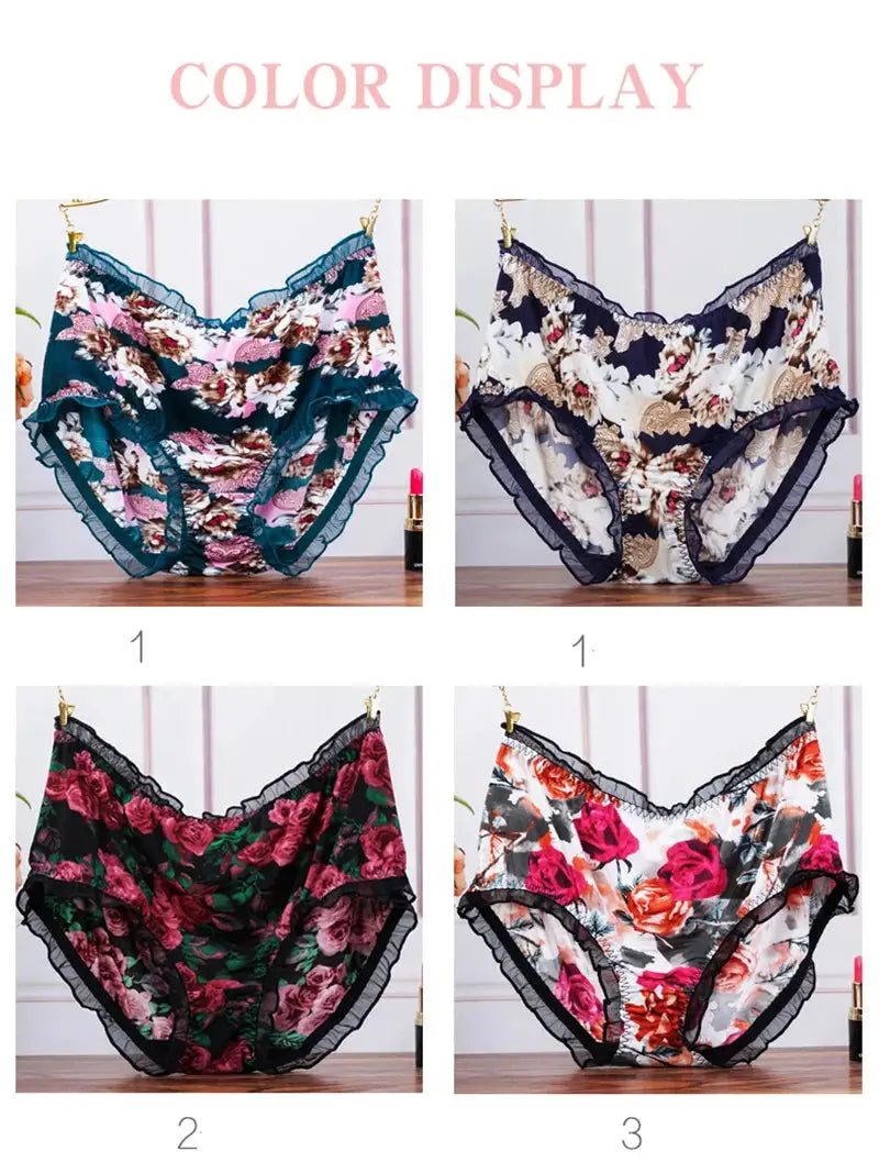 Women's mid-waist floral-print panties, 4-pack with lace trim and ruffles in teal, navy, black, and white-pink.