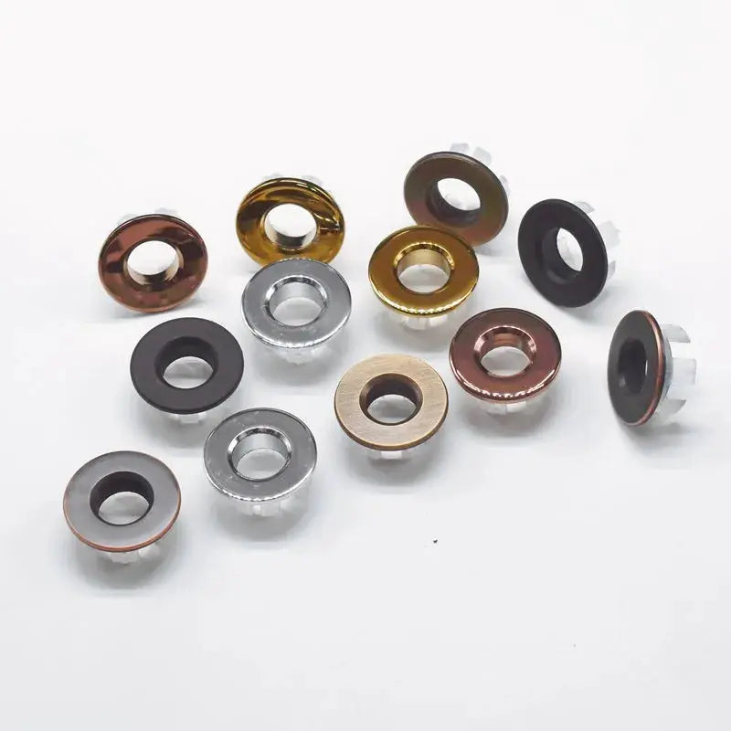 Set of 12 overflow hole decorative cover rings for sinks in copper, gold, silver, bronze, and black