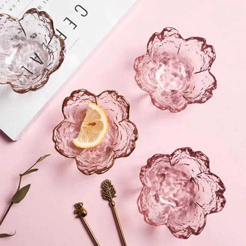 Japanese Style Small Glass Plate With Golden Border Sakura Bowl For Mini Desserts And Ice Cream 1 To 3 Piece Set