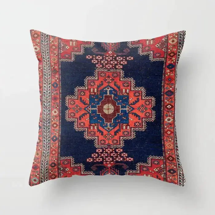 Pillow cover, Moroccan-inspired geometric pattern in navy blue and red, decorative cushion for living room.