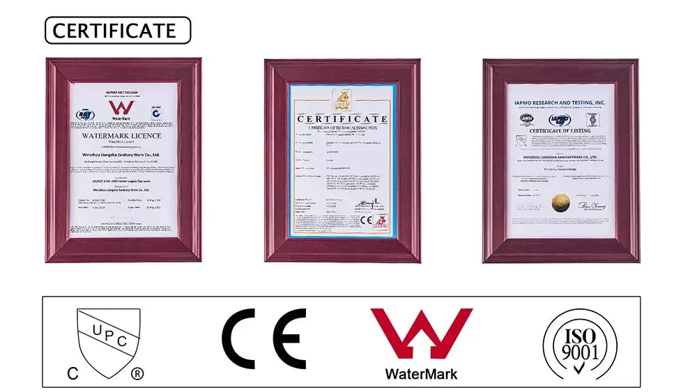 Three framed certificates with official seals and logos, including UPC, CE, WaterMark, and ISO 9001.