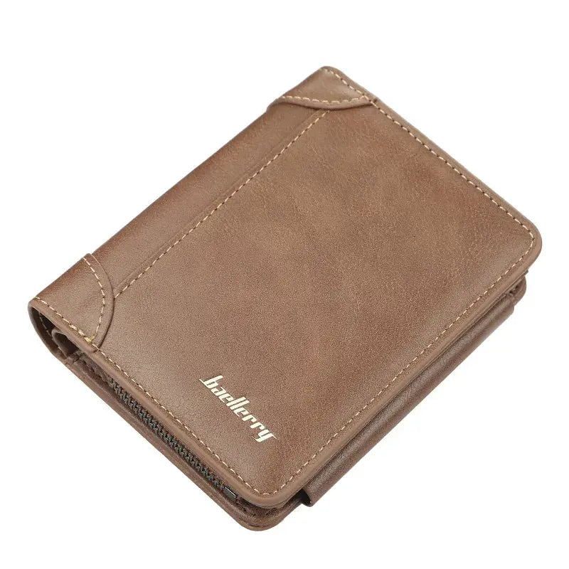 Simples Market brown PU leather men's wallet with zipper, compact card and coin holder
