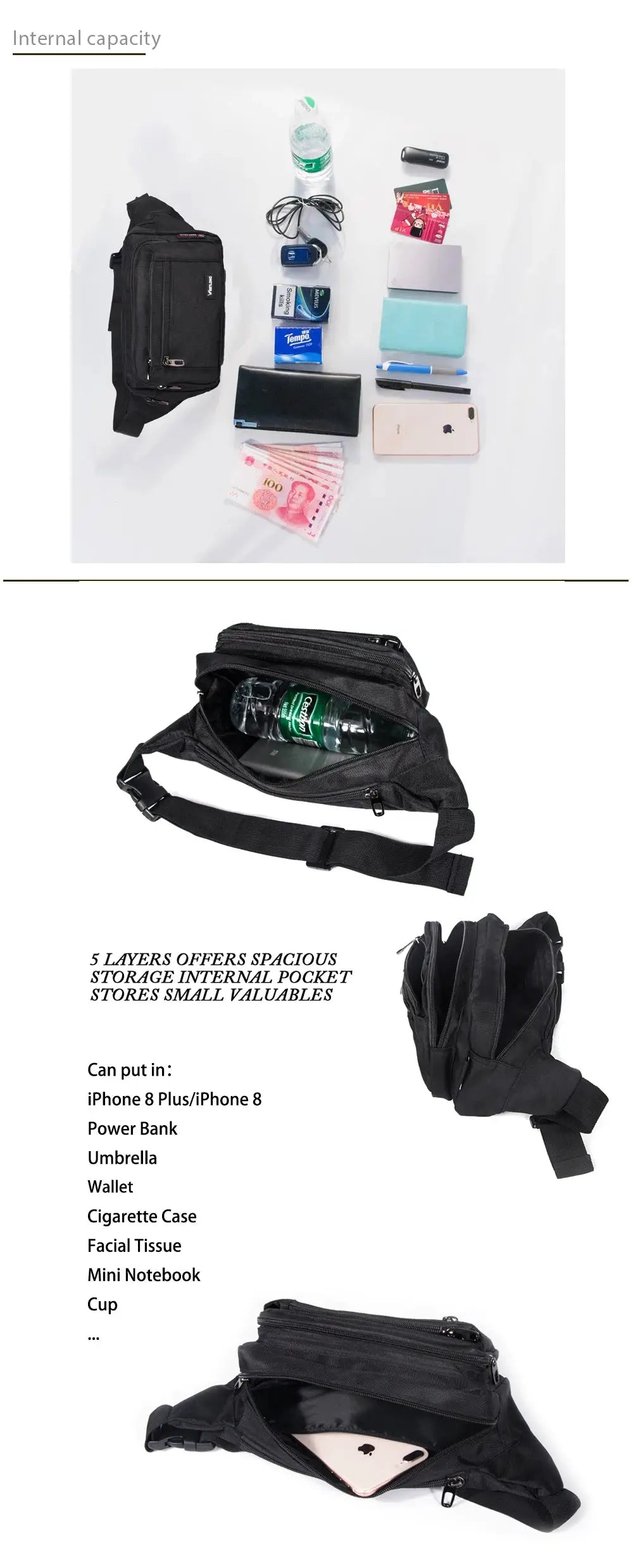 Waist pack Simples Market; black unisex waterproof fanny pack with multiple compartments