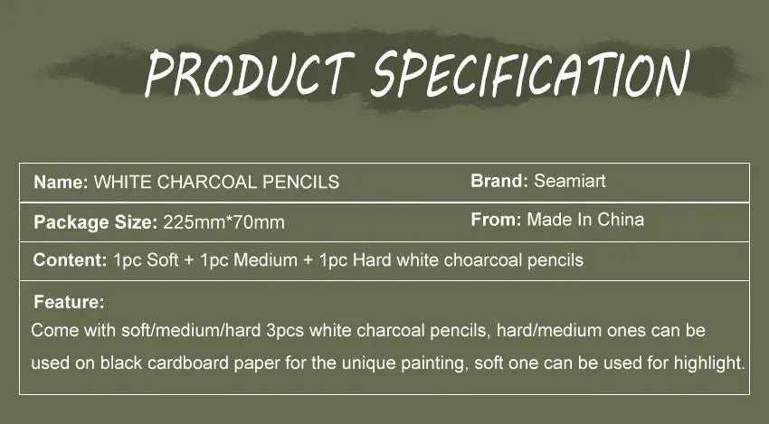 SeamiArt 3Pcs White Charcoal Pencils: soft, medium & hard for sketching