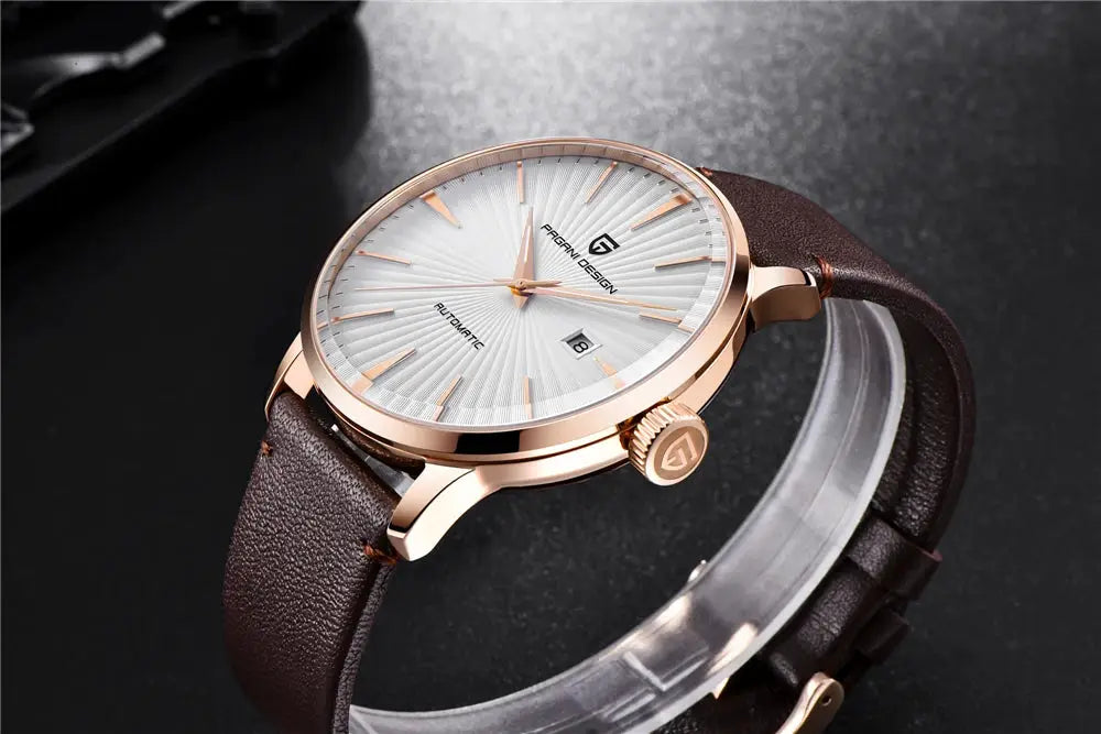 Pagani Design men's gold-tone wristwatch with brown leather strap, silver dial, date window, automatic movement