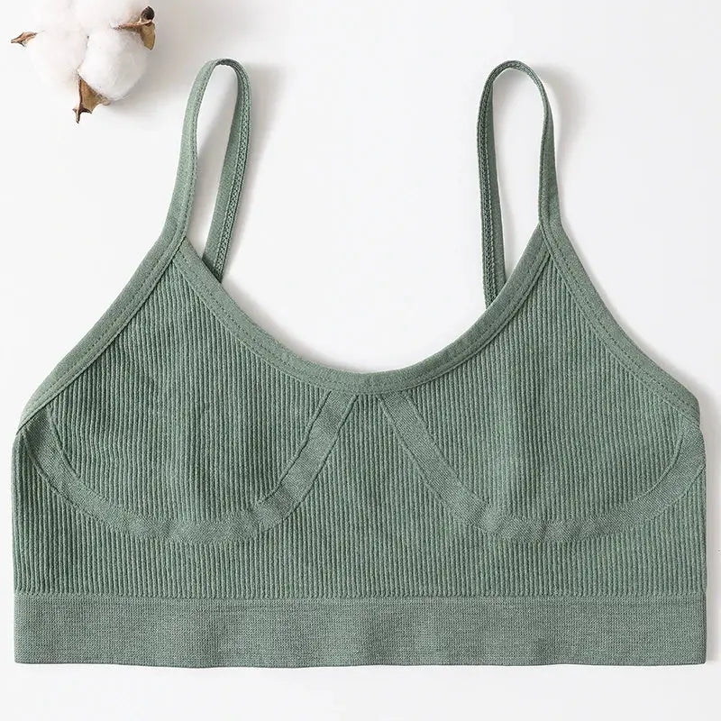 Ribbed green seamless bralette, wireless, no padding for daily wear