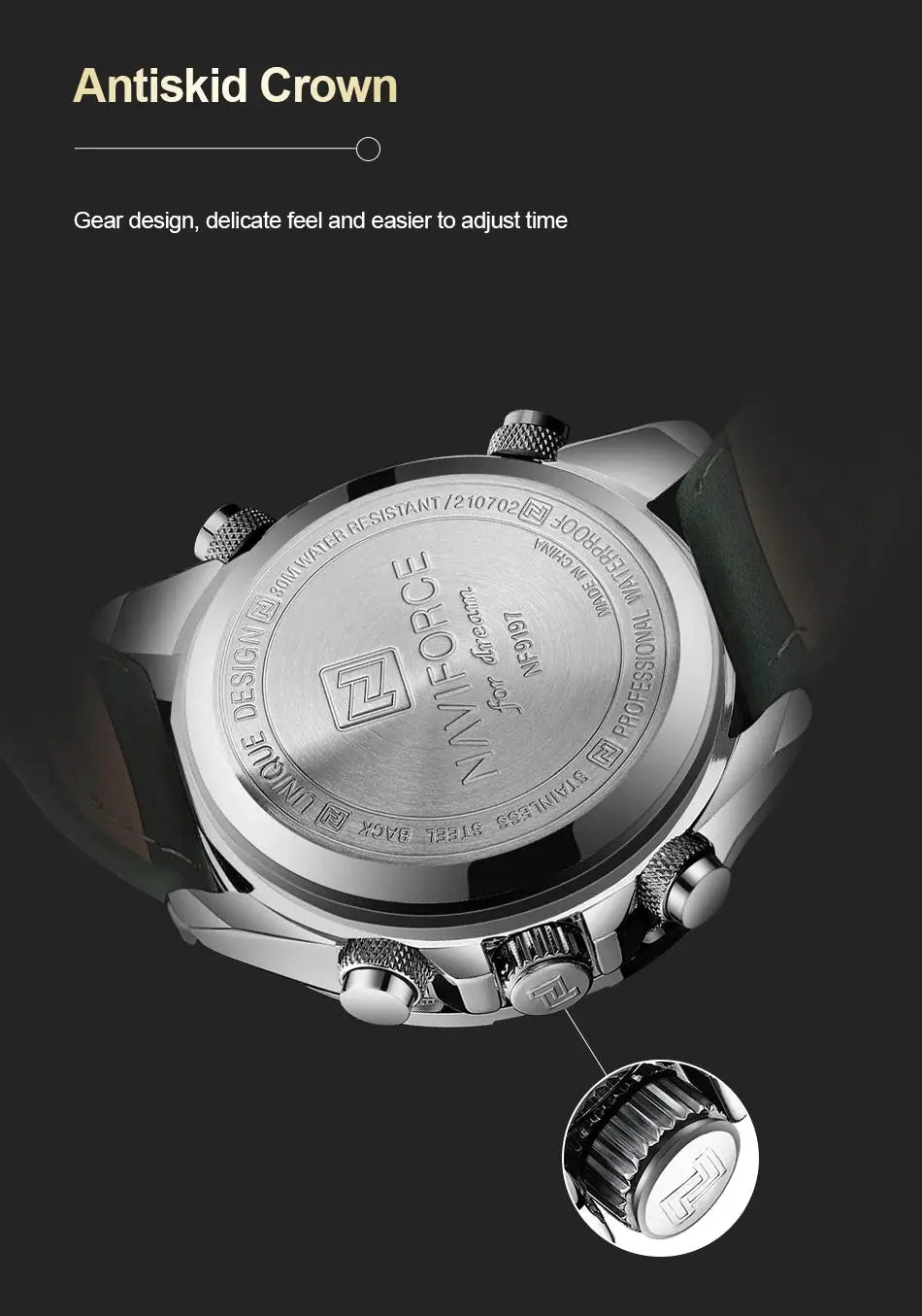 NAVIFORCE men's military-style wristwatch; stainless steel case, green leather strap