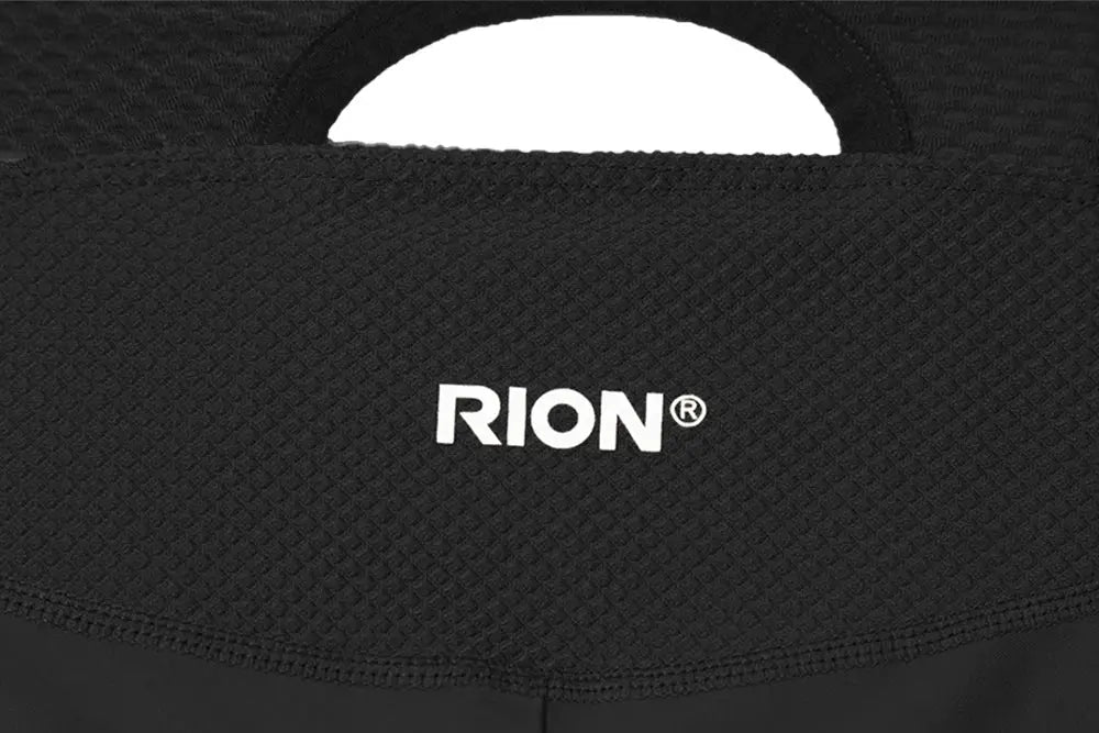 RION cycling shorts for men, black textured fabric with white logo