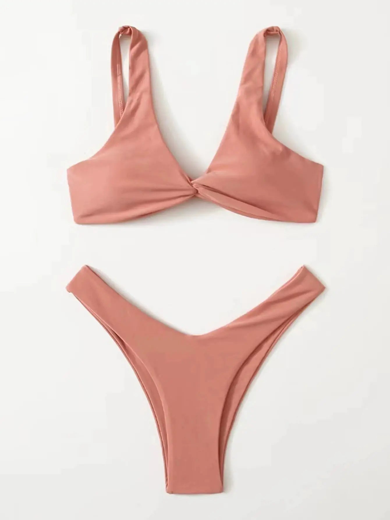 ZTVitality solid bikini set with knotted-front top and high-leg bottom in peach pink, Simples Market
