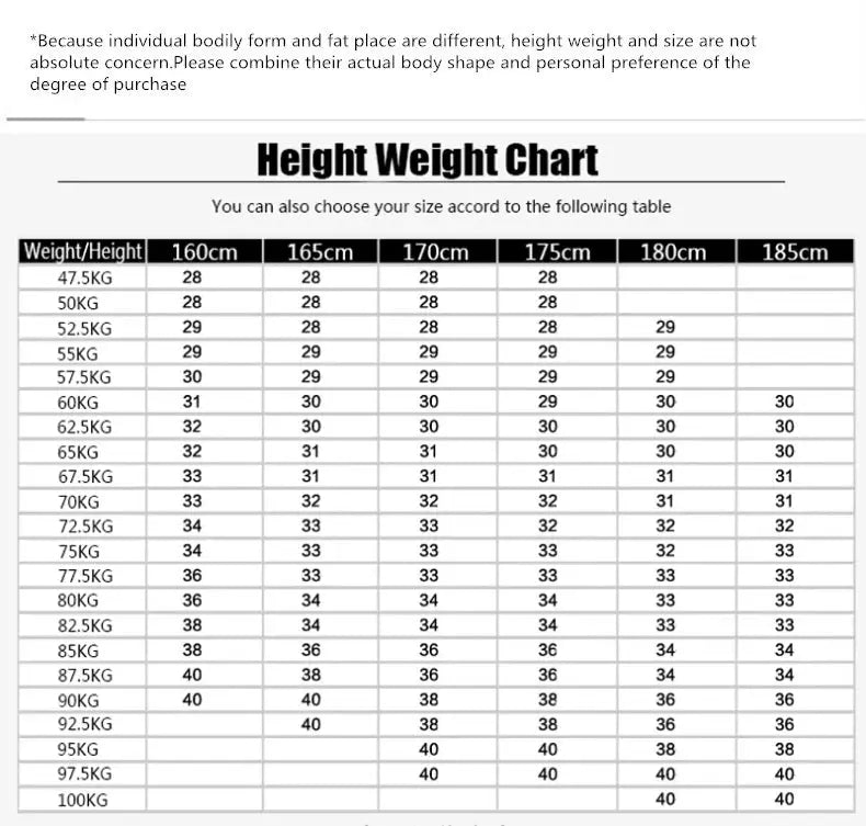 Khaki casual pants size chart by Simples Market; height–weight table for clothing sizes.