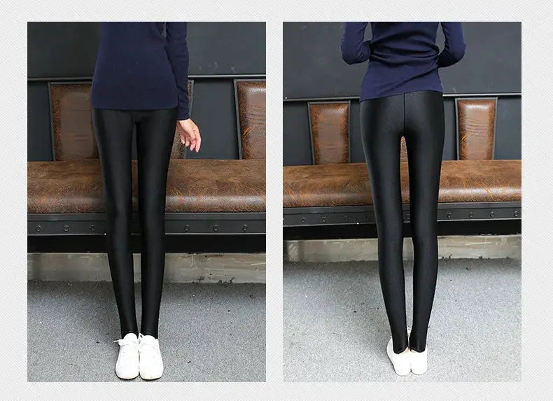 Leggings, black shiny full-length women's pants with a stretchy fit; front and back views