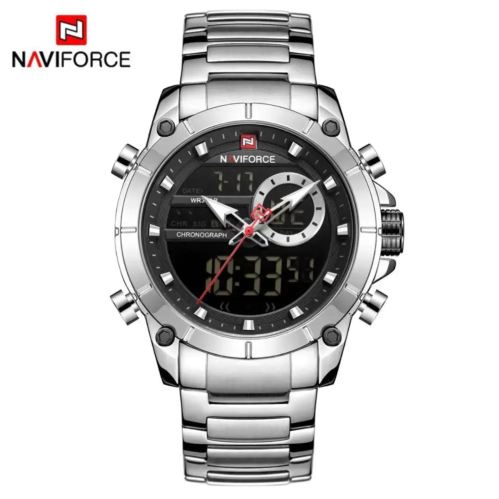 Naviforce 9163 Luxury Sport Mens Wristwatch With Dual Analog Digital Display Stainless Steel Water Resistant