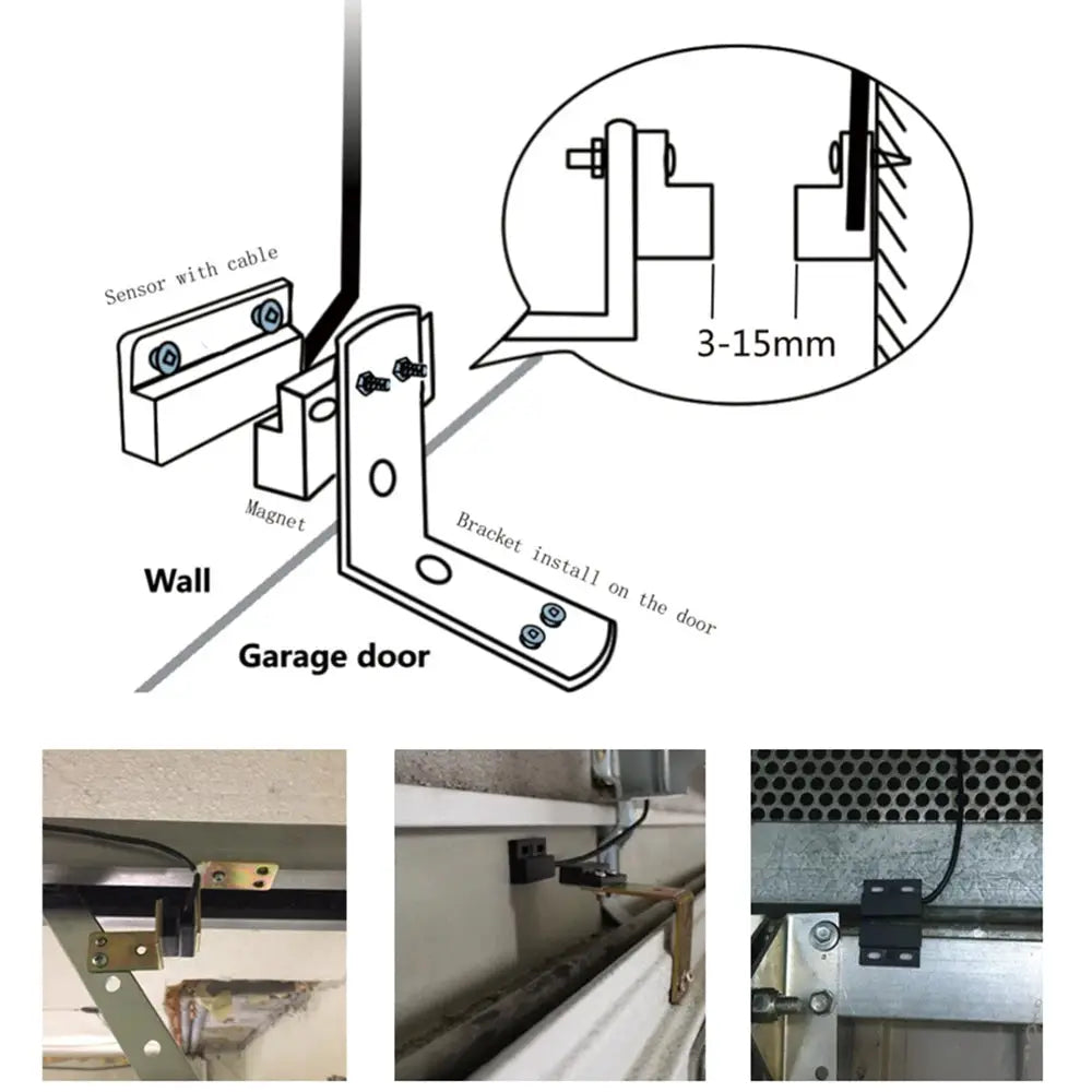 Smart garage door opener mounting bracket kit with sensor and magnet; installation illustration shows a 3–15mm gap.