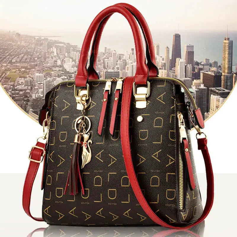 Fashion English Letter Handbag by Simples Market, black PU leather with red handles, tassel charm and gold hardware