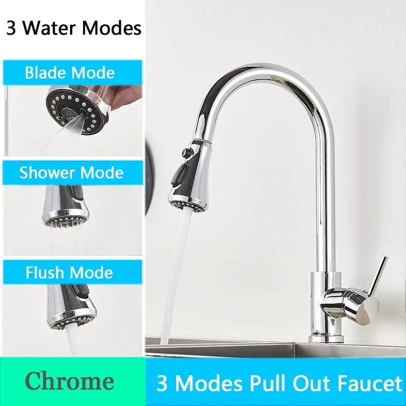 Chrome kitchen faucet with pull-out spray head and three modes: blade, shower, flush.