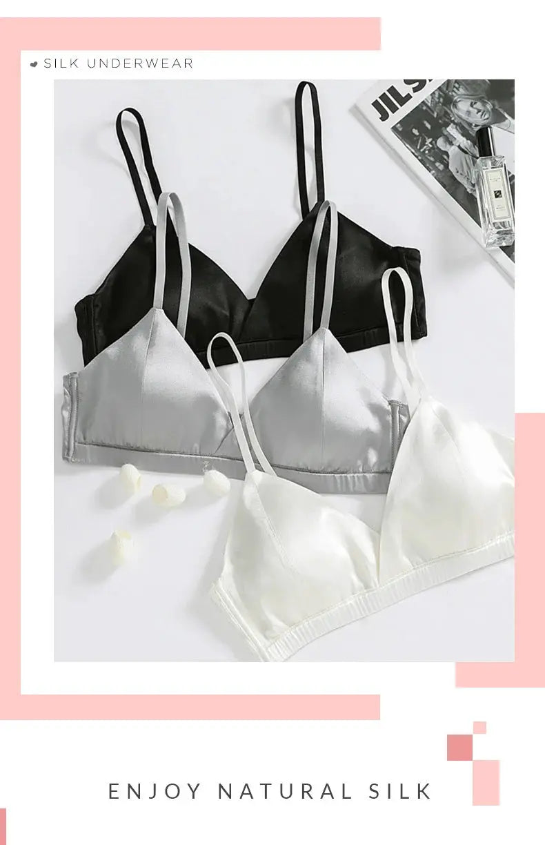 Three SuyaDream wireless silk bras set in black, silver, and white with natural silk lining by Simples Market