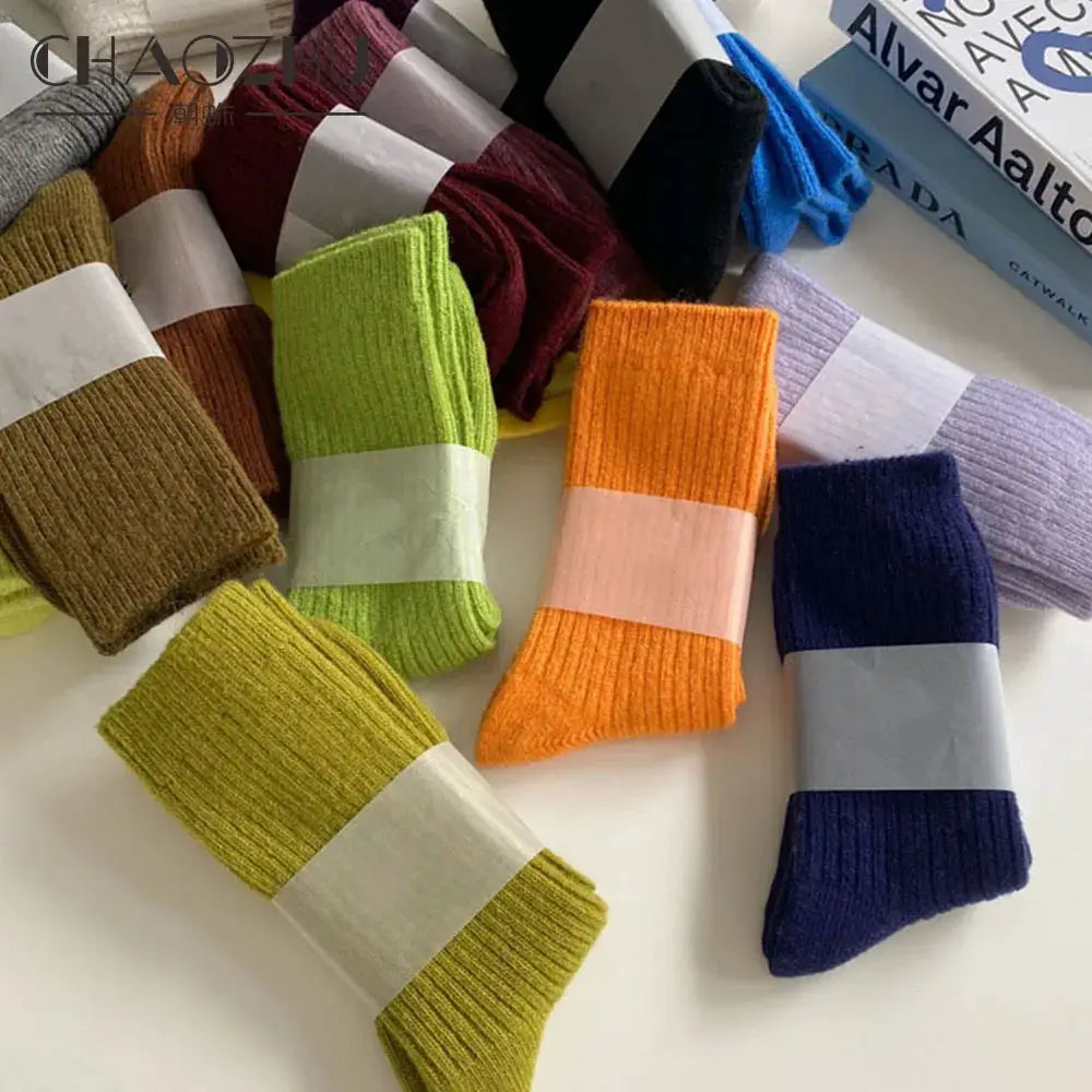 CHAOZHU Thick Warm Merino Wool Rib Socks For Women Solid Colors Loose Fit Japanese Korea Fashion Winter