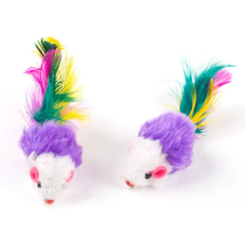 Cute mini plush mouse cat toys with purple bodies, white faces and rainbow feathers (set of 2)