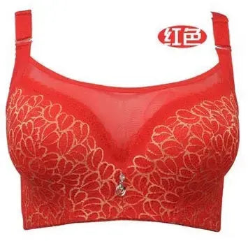 Push-up bra by Simples Market, red lace with floral embroidery and center jewel detail