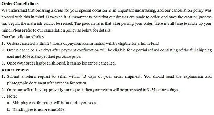 Order cancellations policy page showing refund timelines and return process