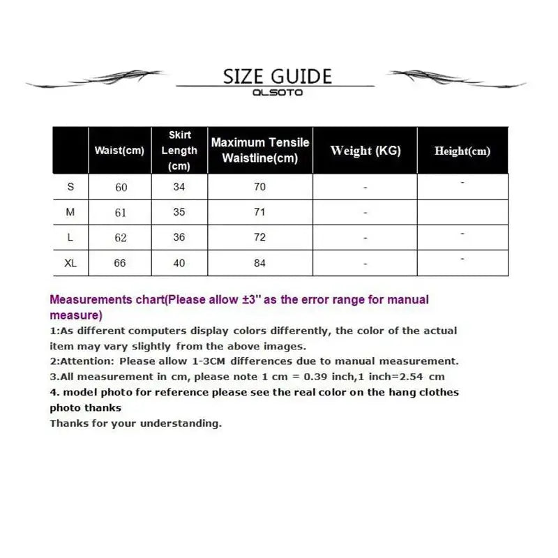 ALSOTO size guide chart for women's skirts, showing waist, skirt length, and maximum waist measurements